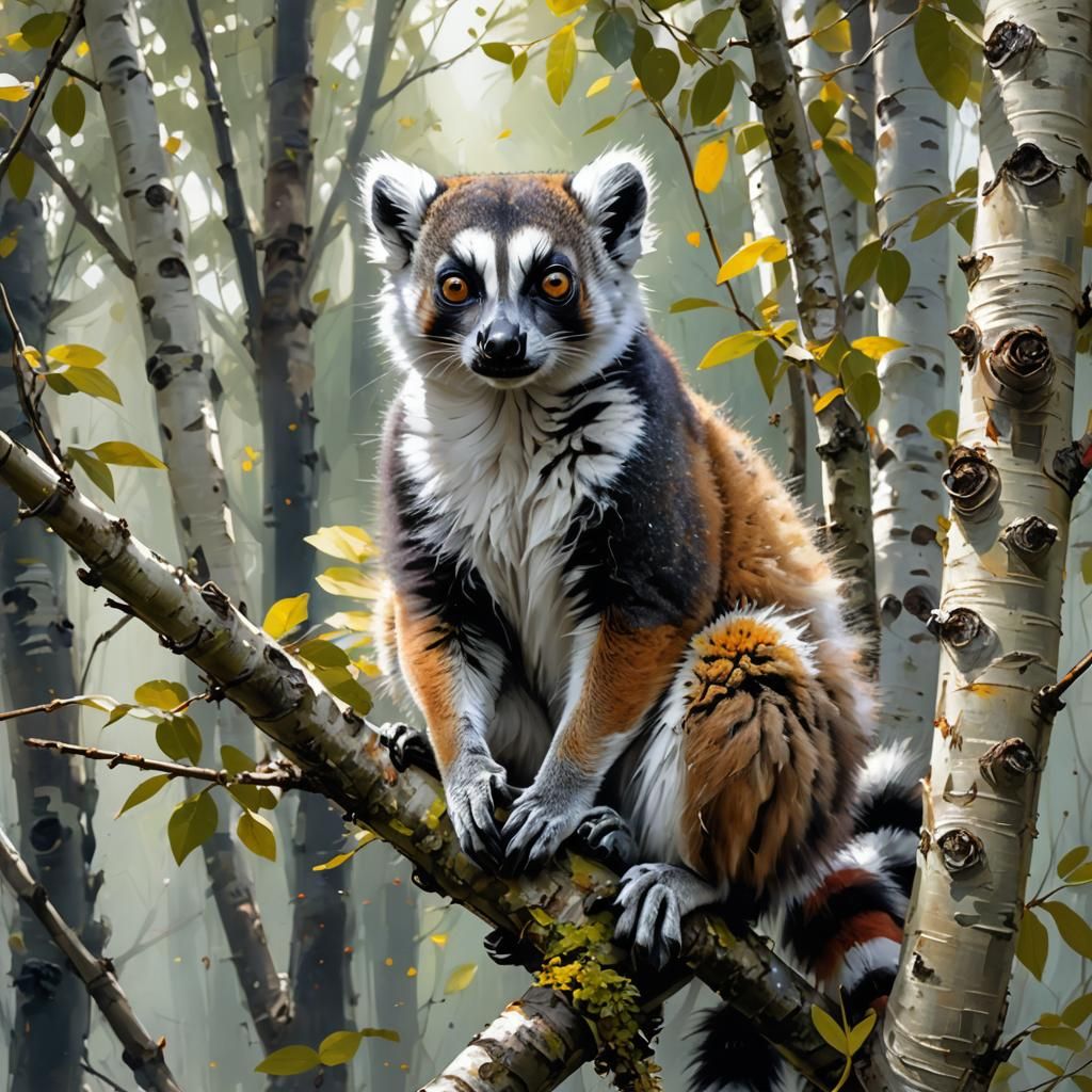Ringtail Lemur Eating in Birch Tree Painting