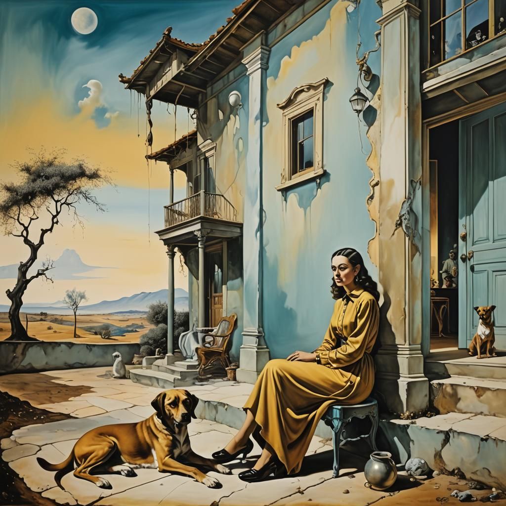 Surrealist Image of Woman, Dog, and House