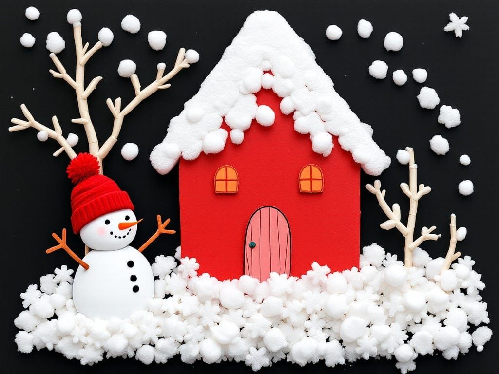 Festive Winter Scene with Paper Snowman, Mary Blair Style