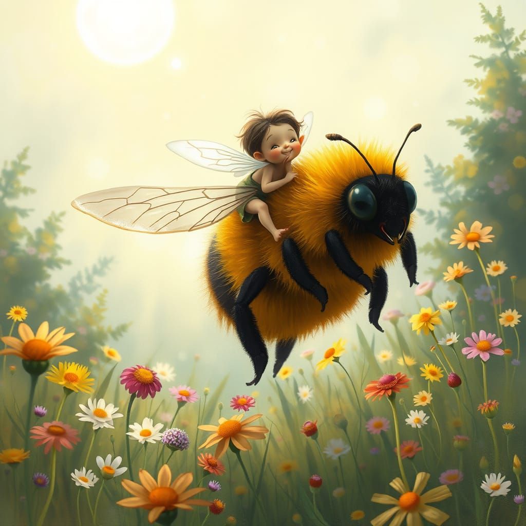Forest Spirit Rides Giant Bumblebee Through Meadow