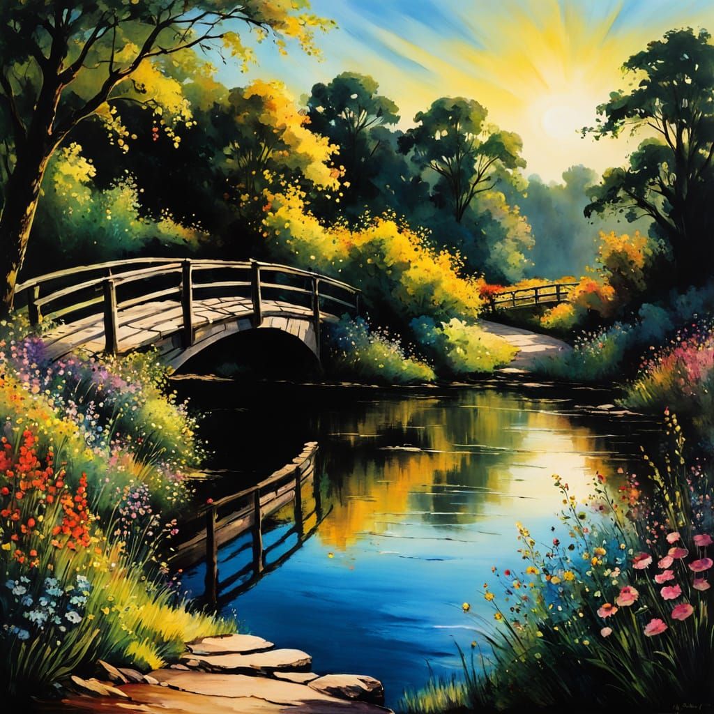 Colorful Chiaroscuro Bridge in Alcohol Ink Style