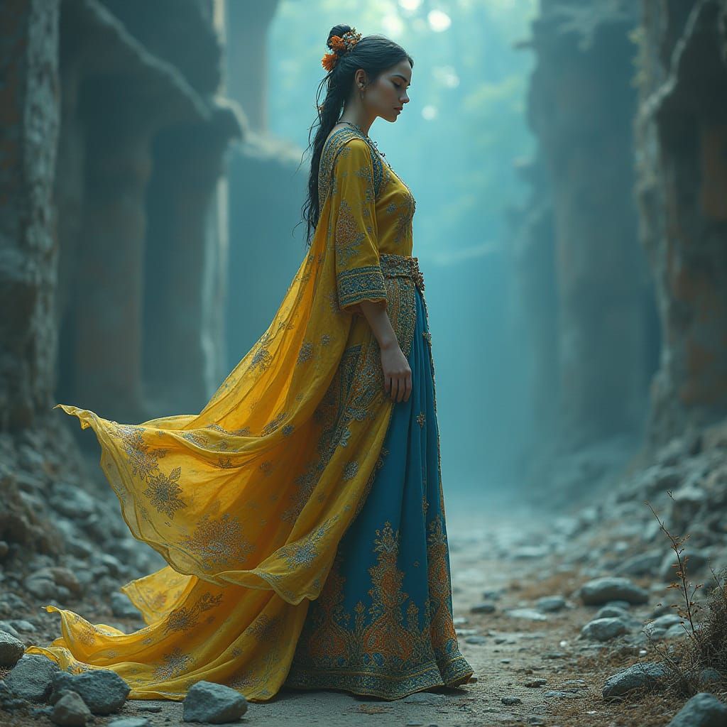 Woman in Abandoned Landscape: Fantasy Matte Painting