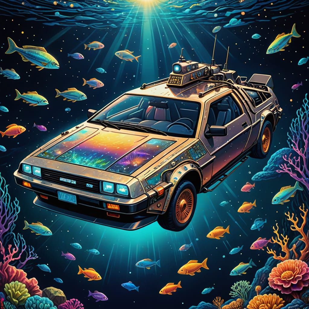 Delorean Submarine in Mariana Trench: Cosmic Illustration