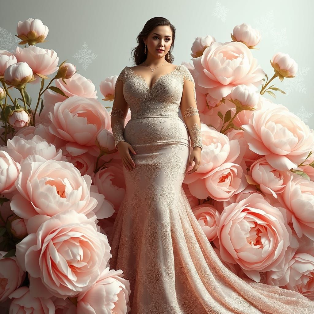 Elegant Plus-Size Woman in Whimsical Floral Setting with Fro...