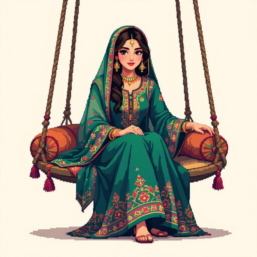 Girl in Pakistani Attire on Swing in 3D Pixel Art