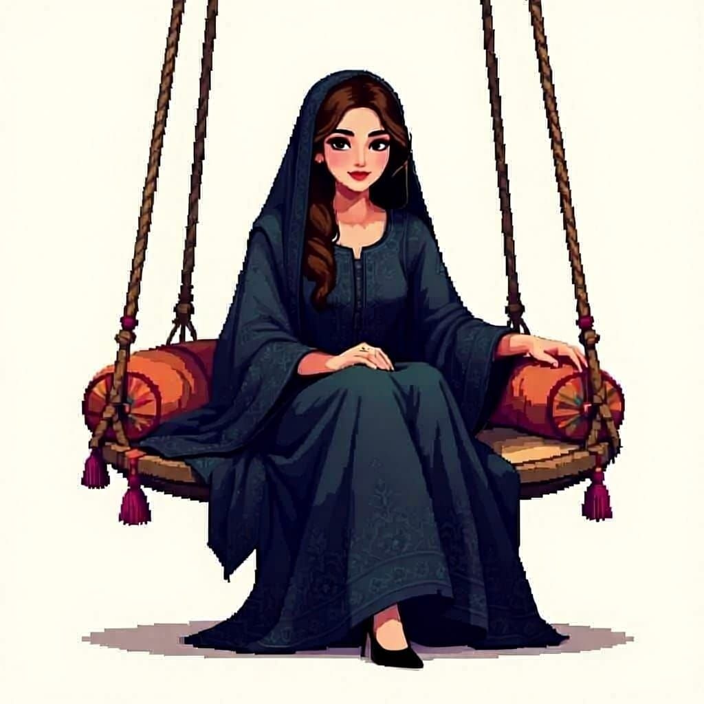 Girl in Pakistani Attire on Swing in 3D Pixel Art