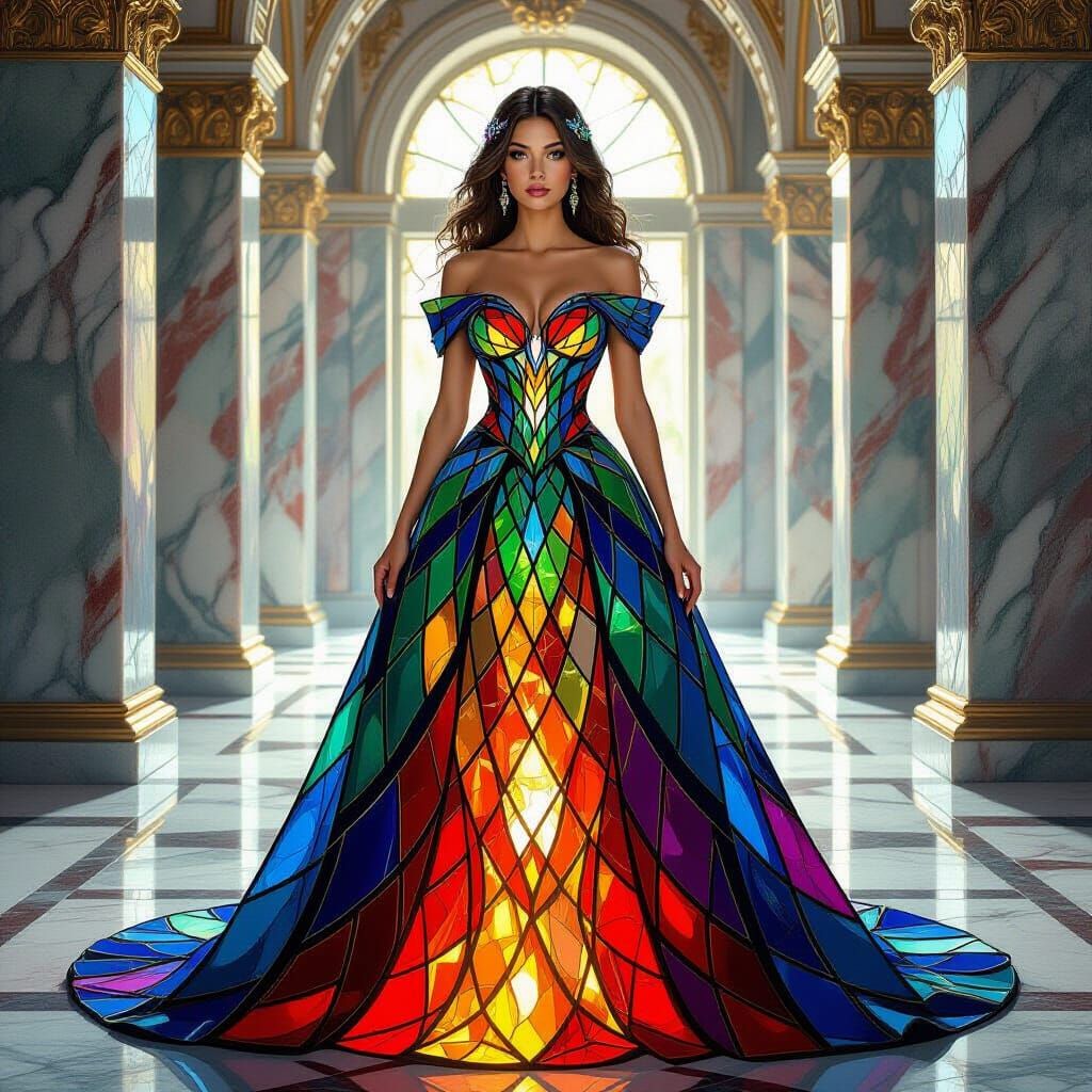 Woman in Stained Glass Gown in Glowing Marble Hall