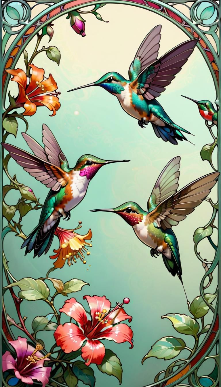 Hummingbirds in Art Nouveau Airbrush Style