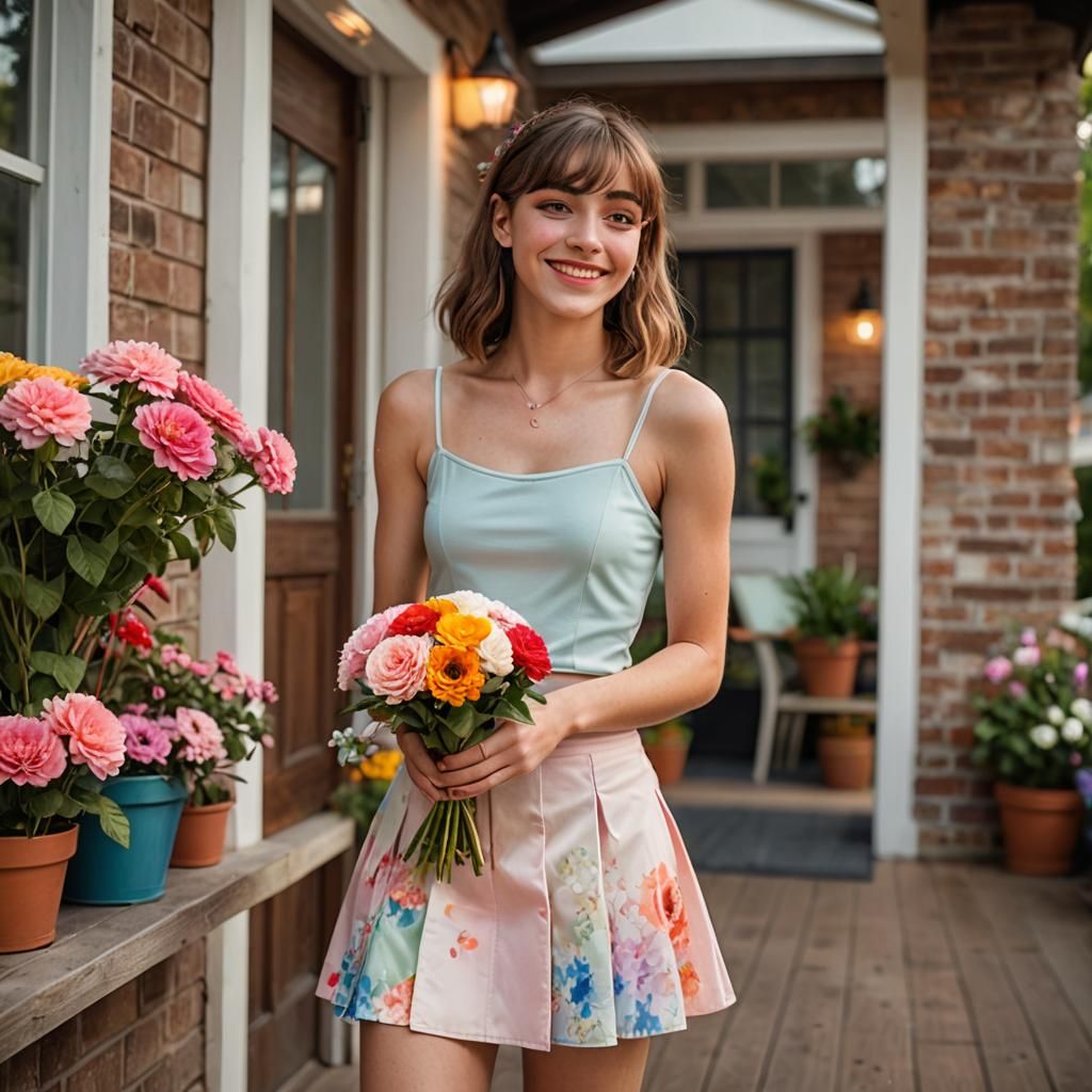 Tender Moment of a Crossdressing Boy Receiving a Bouquet