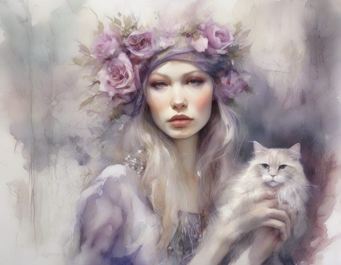 Gothic Witch with Mauve Cat in Expressive Watercolour