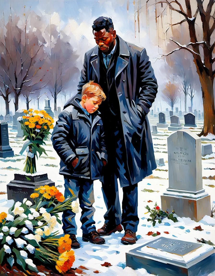Grief: Father and Son at Cemetery in Impressionistic Style