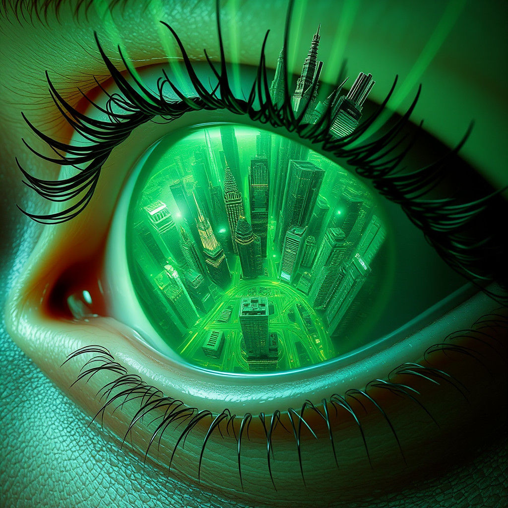 Eye Reflecting Futuristic Megalopolis in Cyberpunk Style