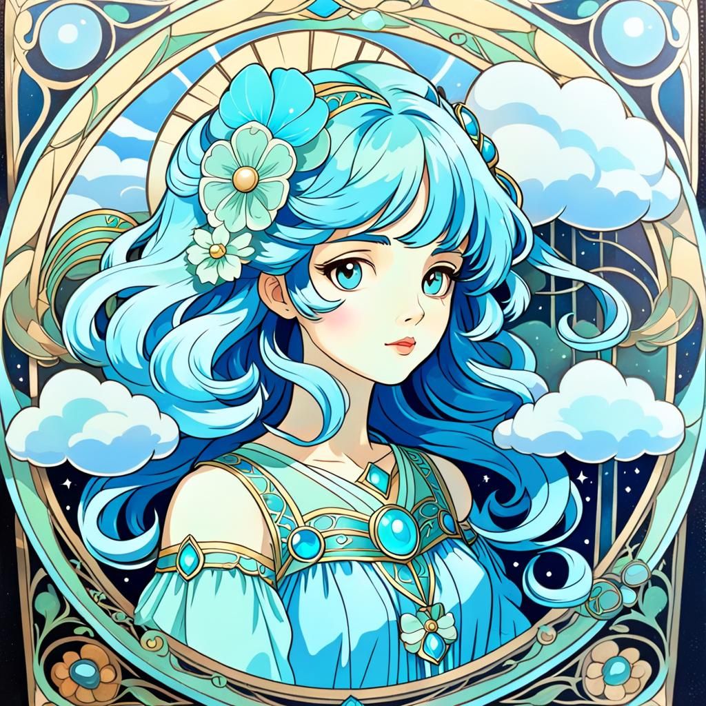 Art Nouveau Cloudcore Princess in Pastel Blues