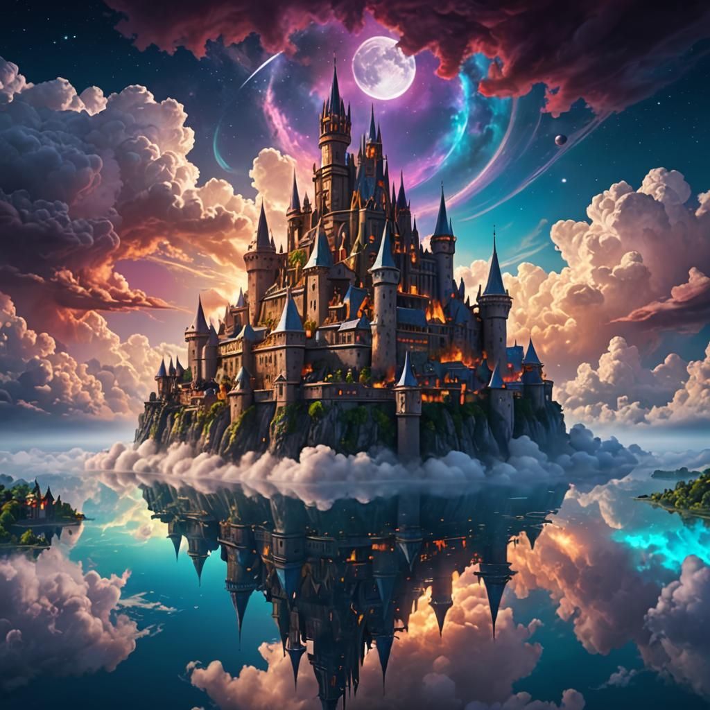 Enchanted Sky Citadel in Vibrant Iridescent Hues