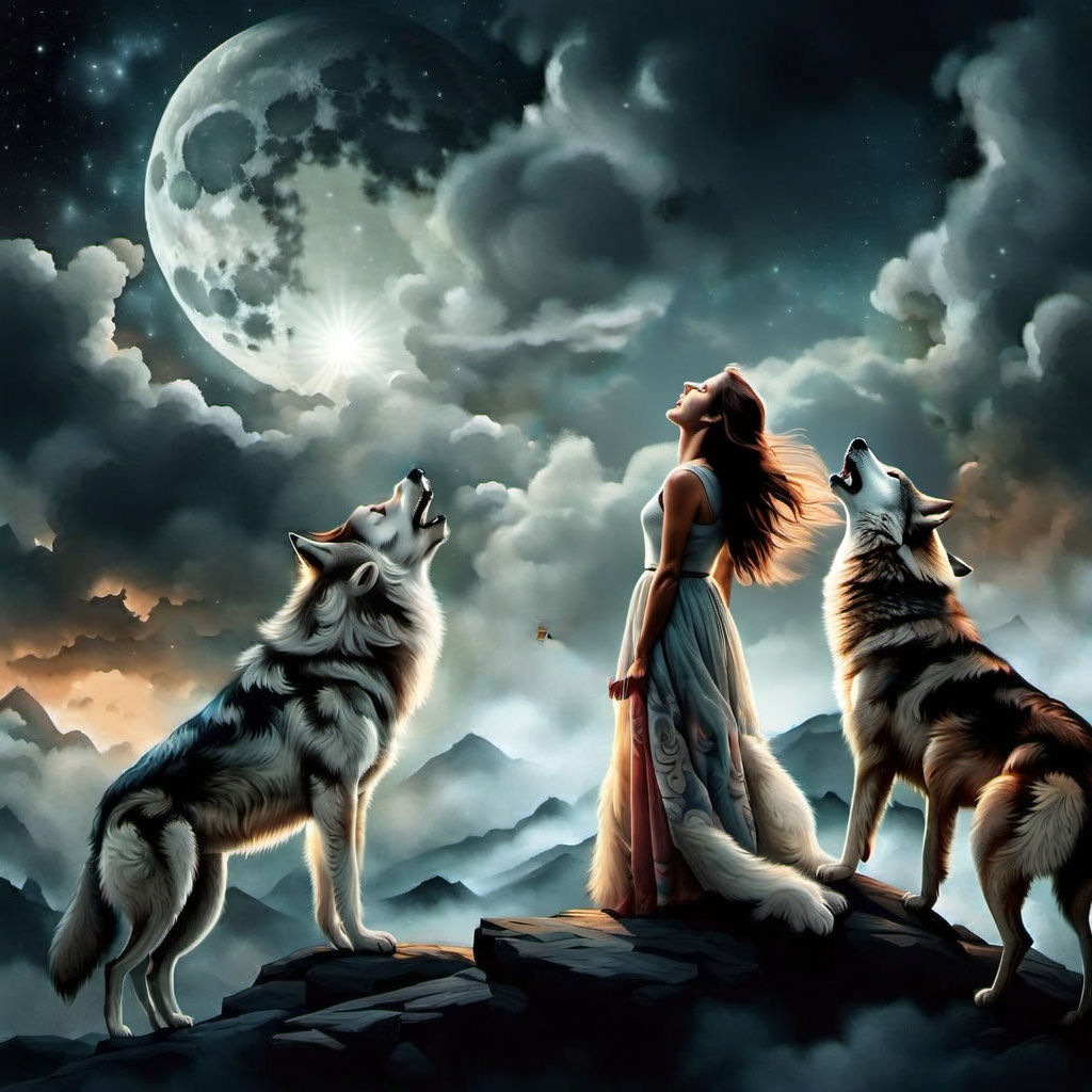 A woman standing next to a wolf, both howling at a full moon in a dreamlike cloudy scene