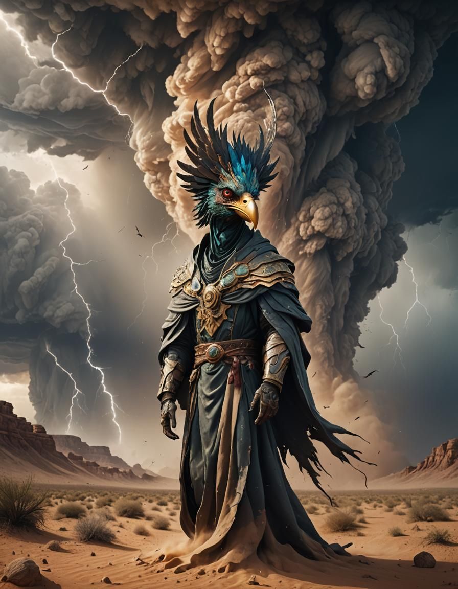 Humanoid Bird in Desert Tornado: Fantasy Art
