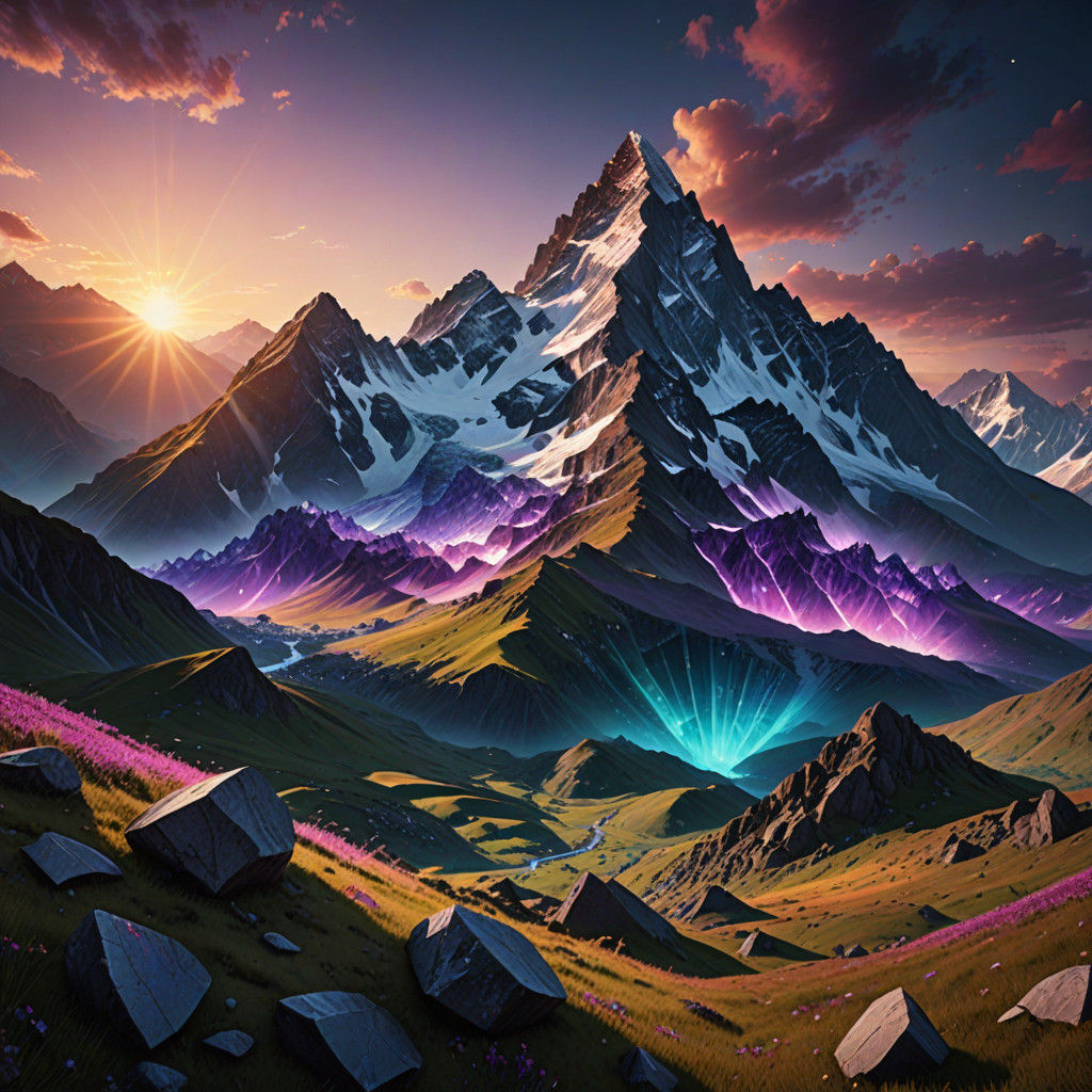 Sparkling Amethyst and Emerald Mountain Range in Cinematic H...
