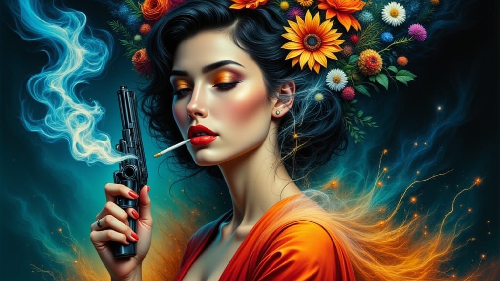Elegant Woman with Pistol in Airbrush Abstract Style