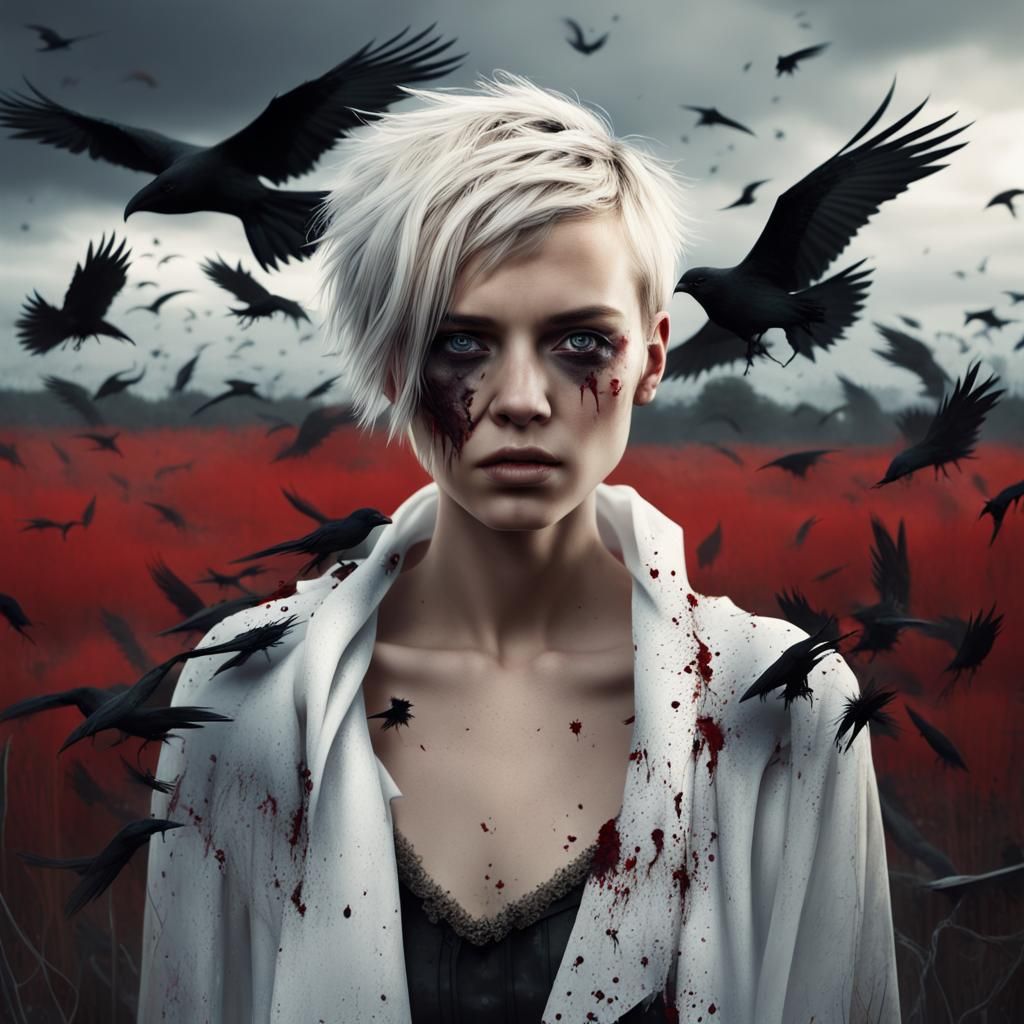 Punk Woman with Crows in Field of Glass