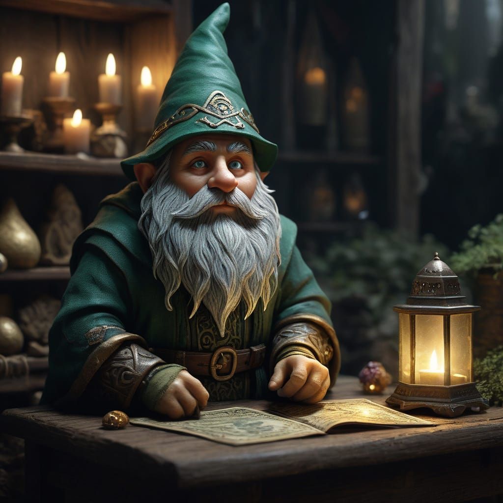Gnome Fortune Teller at a Bustling Fair in Earthy Tones