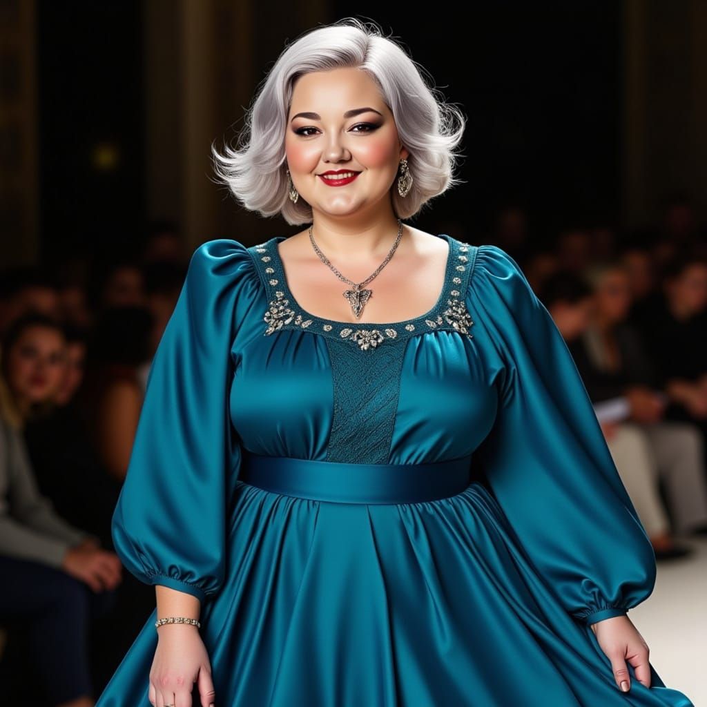 Plus Size Model on Runway in Flowing Peacock Dress