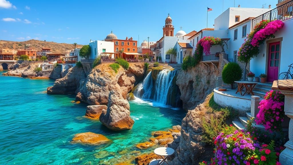 Dreamlike Mediterranean Landscape with Waterfall