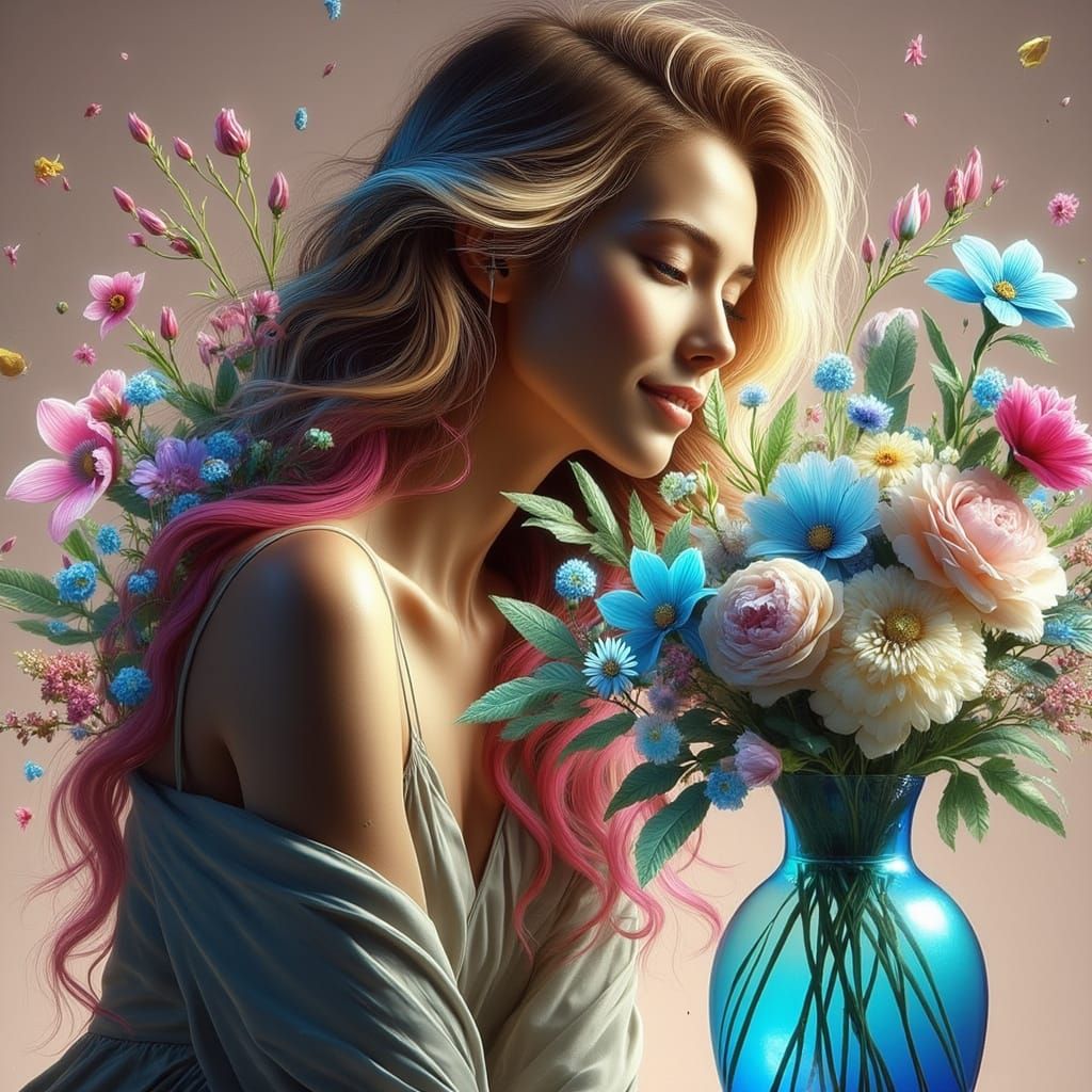 Woman in Floral Dress by Lake, in Surrealist Style