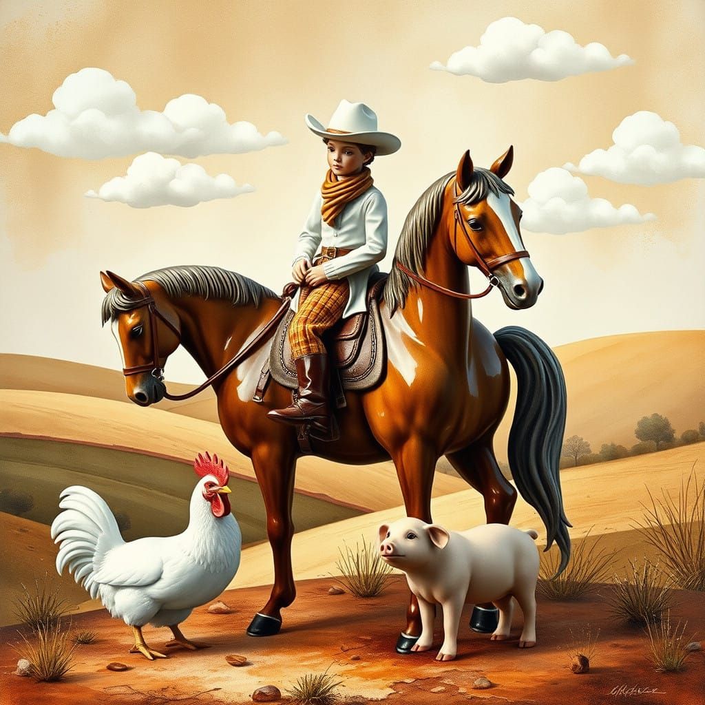 Porcelain Cowboy in Dreamy Watercolor Landscape