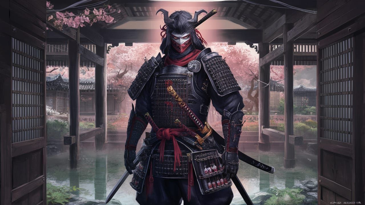 Scorpion Clan Bushi in Japanese Garden Illustration