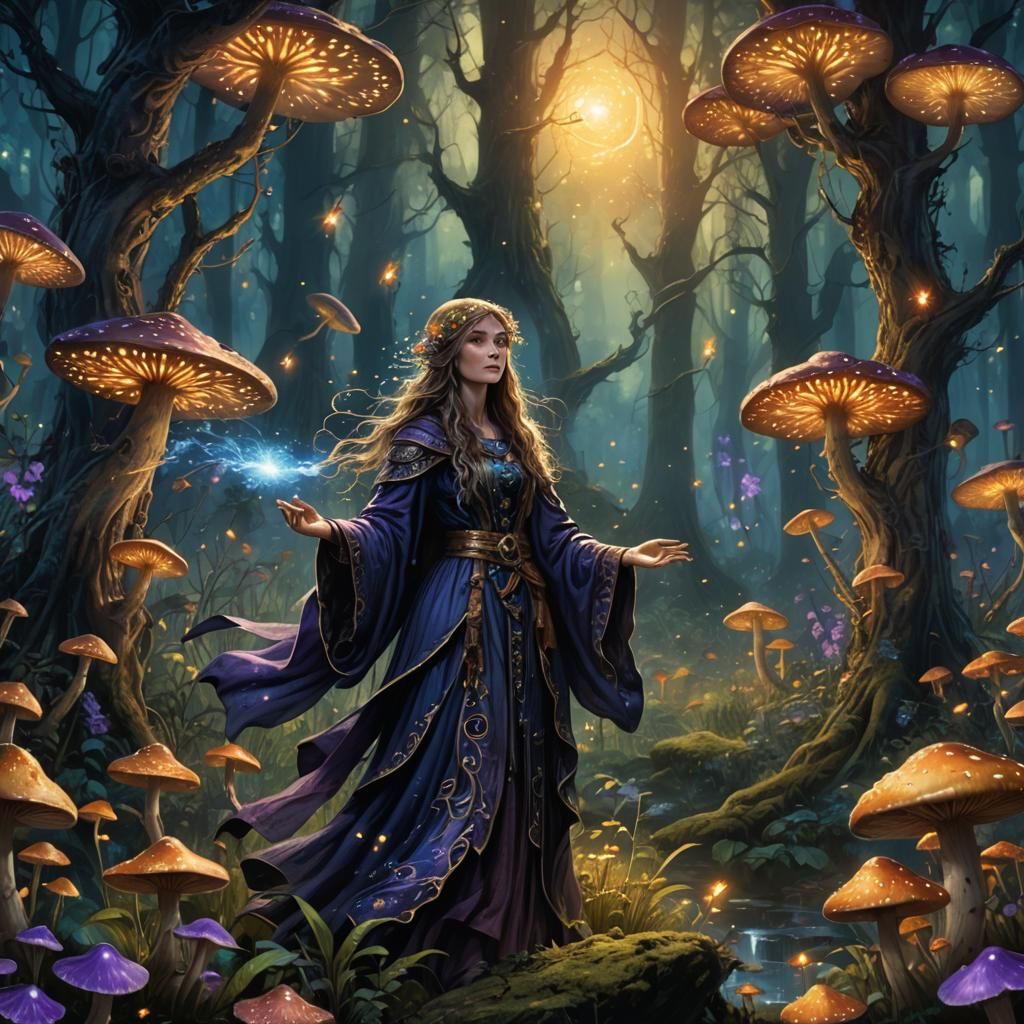 Mystical Sorceress in Enchanted Forest, Dreamlike Illustrati...