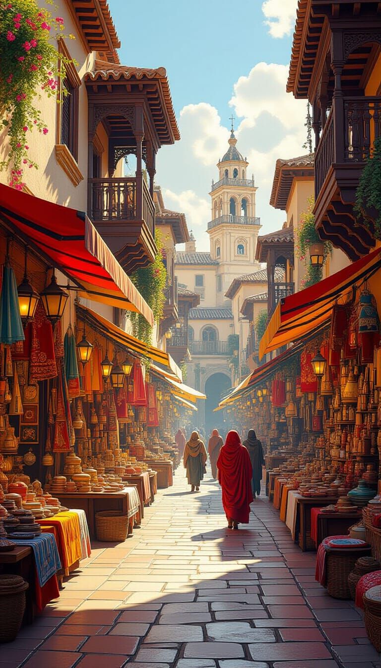Spanish Marketplace in Digital Painting Style