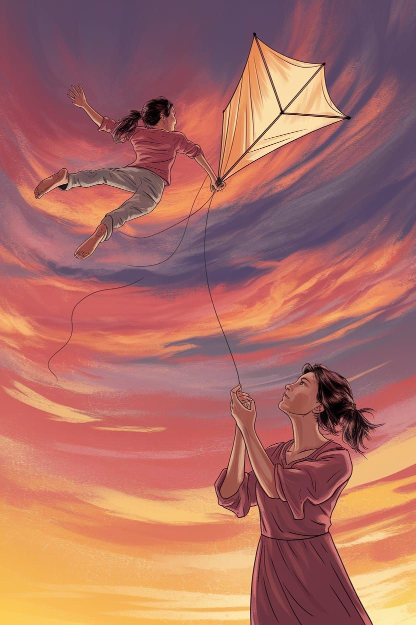 Mother Holds Kite String as Person Soars at Sunset