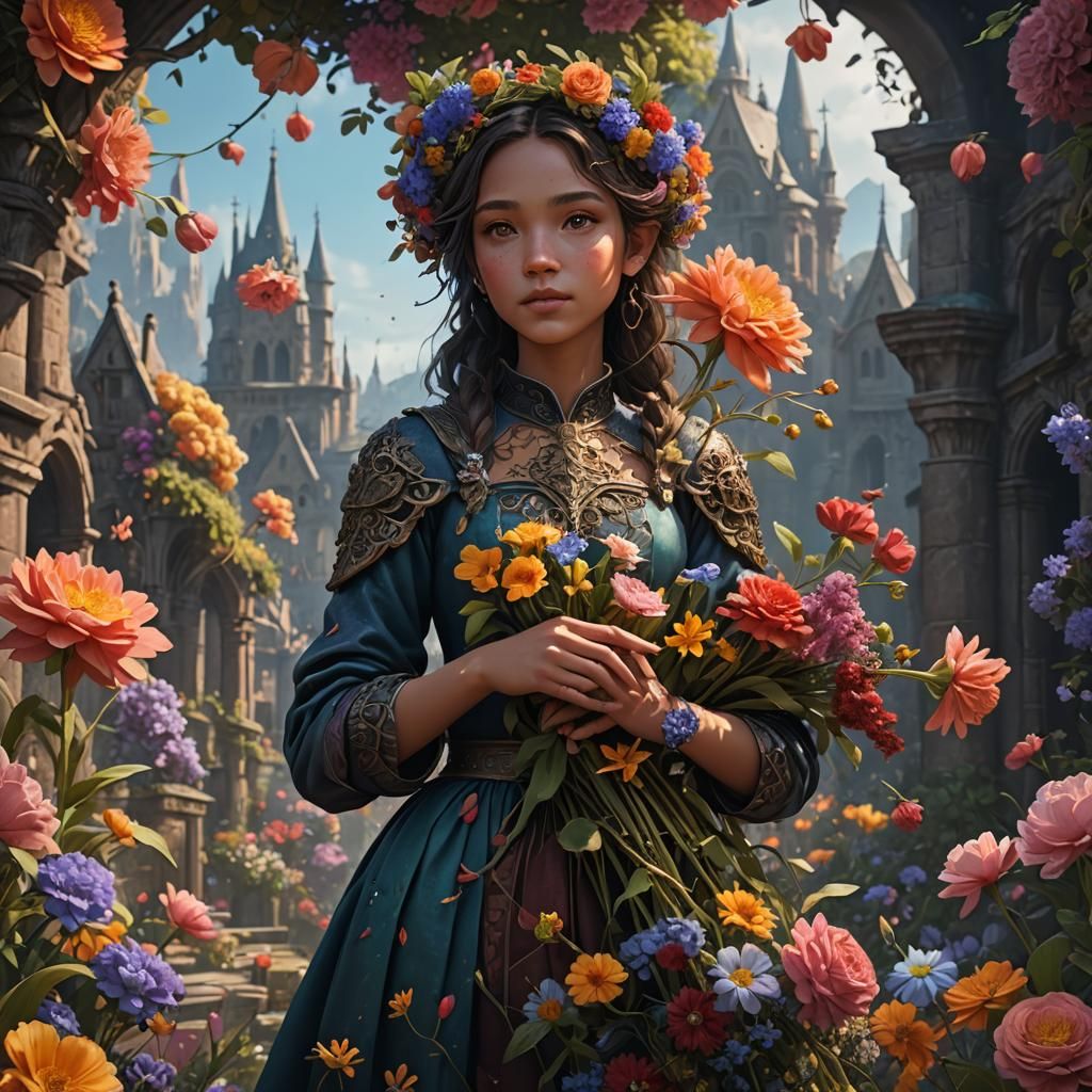 Girl with Flowers: Detailed Matte Painting