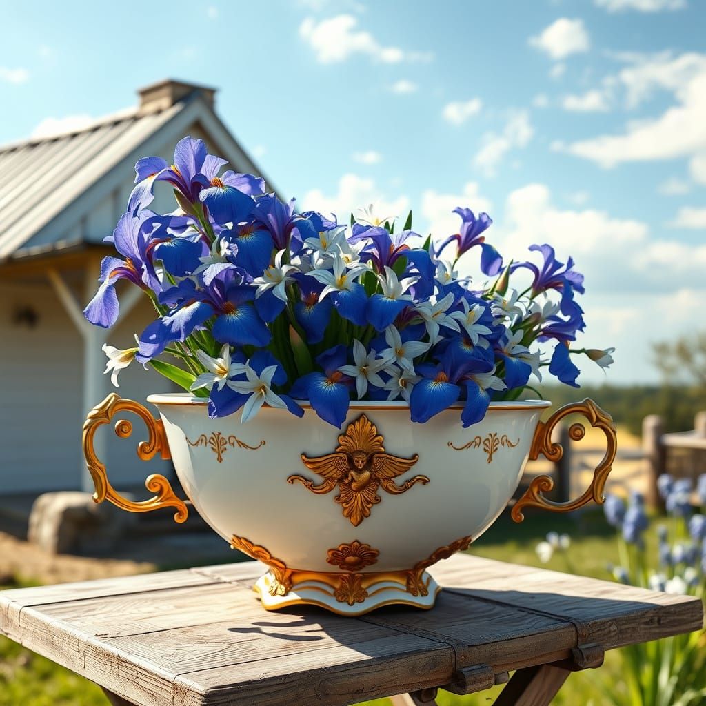 Iris and Scilla Blooms in Elegant 19th-Century French Rococo...