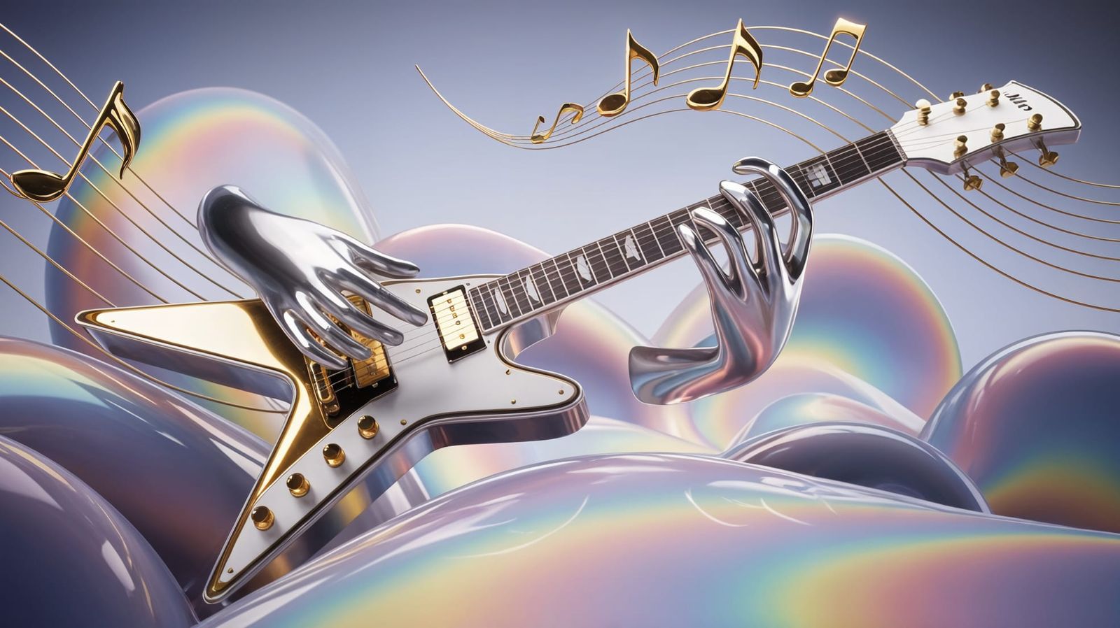 Ghost Hands Play Flying V Guitar with Rainbow Waves