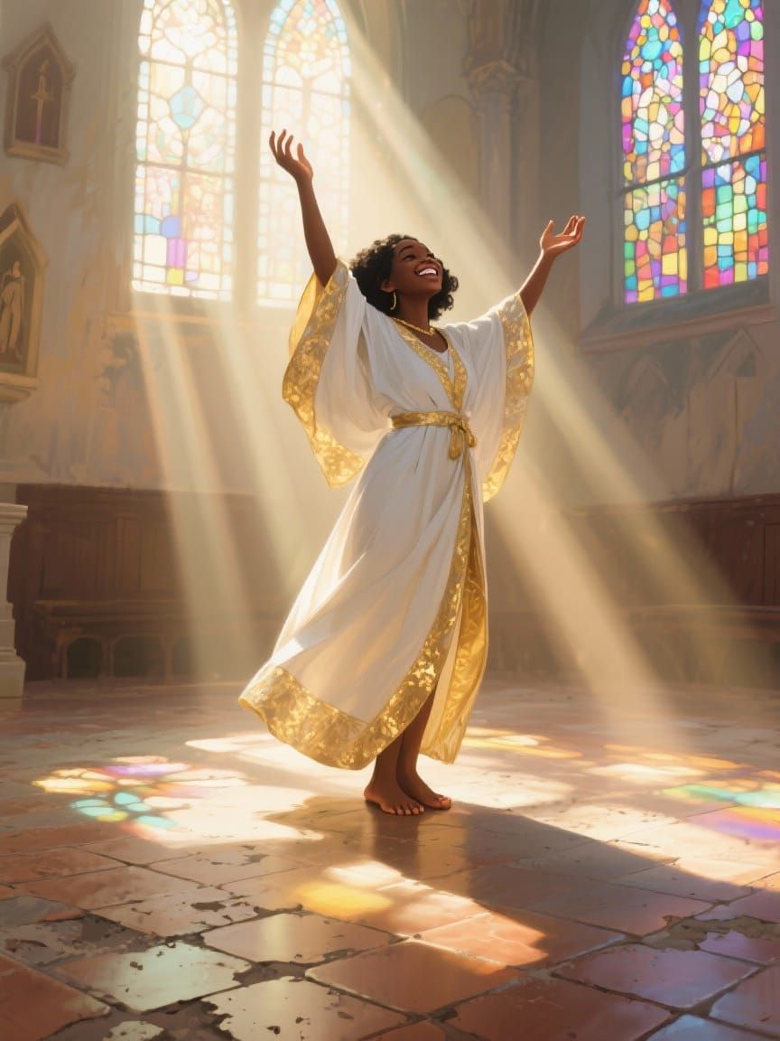 Radiant Black Woman in Sunlit Church Digital Painting