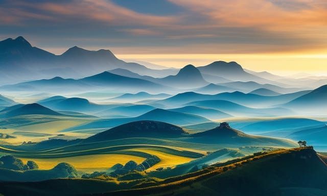 Sunrise Landscape with River in Ink Painting Style