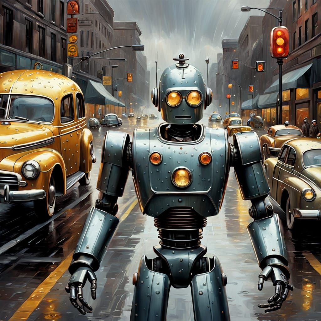 Robot Directing Traffic in 1950s Oil Painting Style