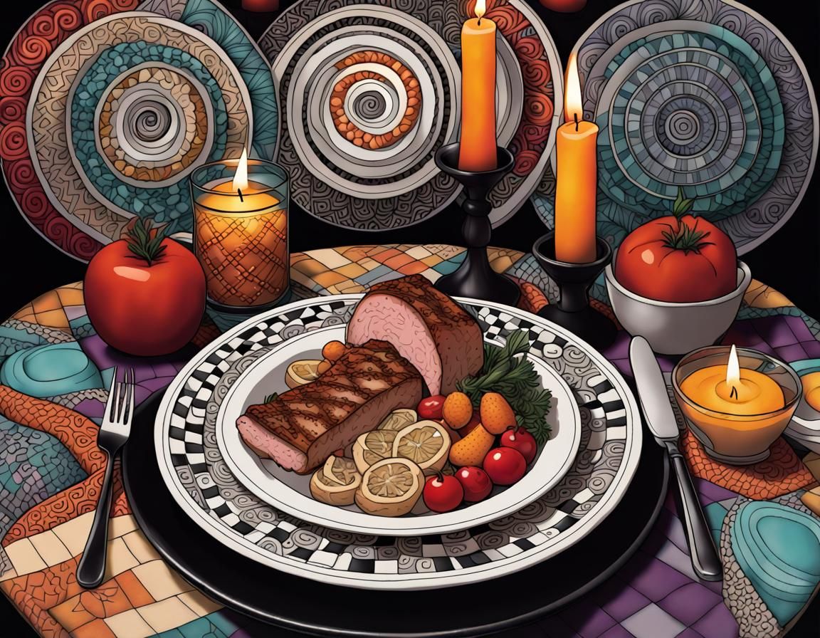 Candle-Lit Dinner in Zentangle Line Art Style