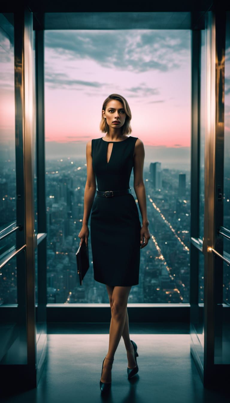 Businesswoman in Luxury Elevator, Neon Cityscape