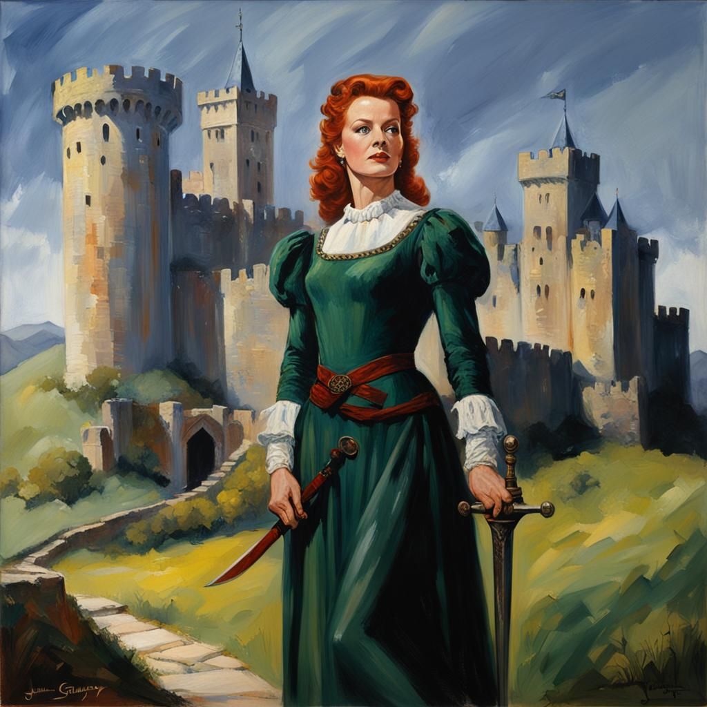 Woman in Medieval Gown with Sword, Oil Painting