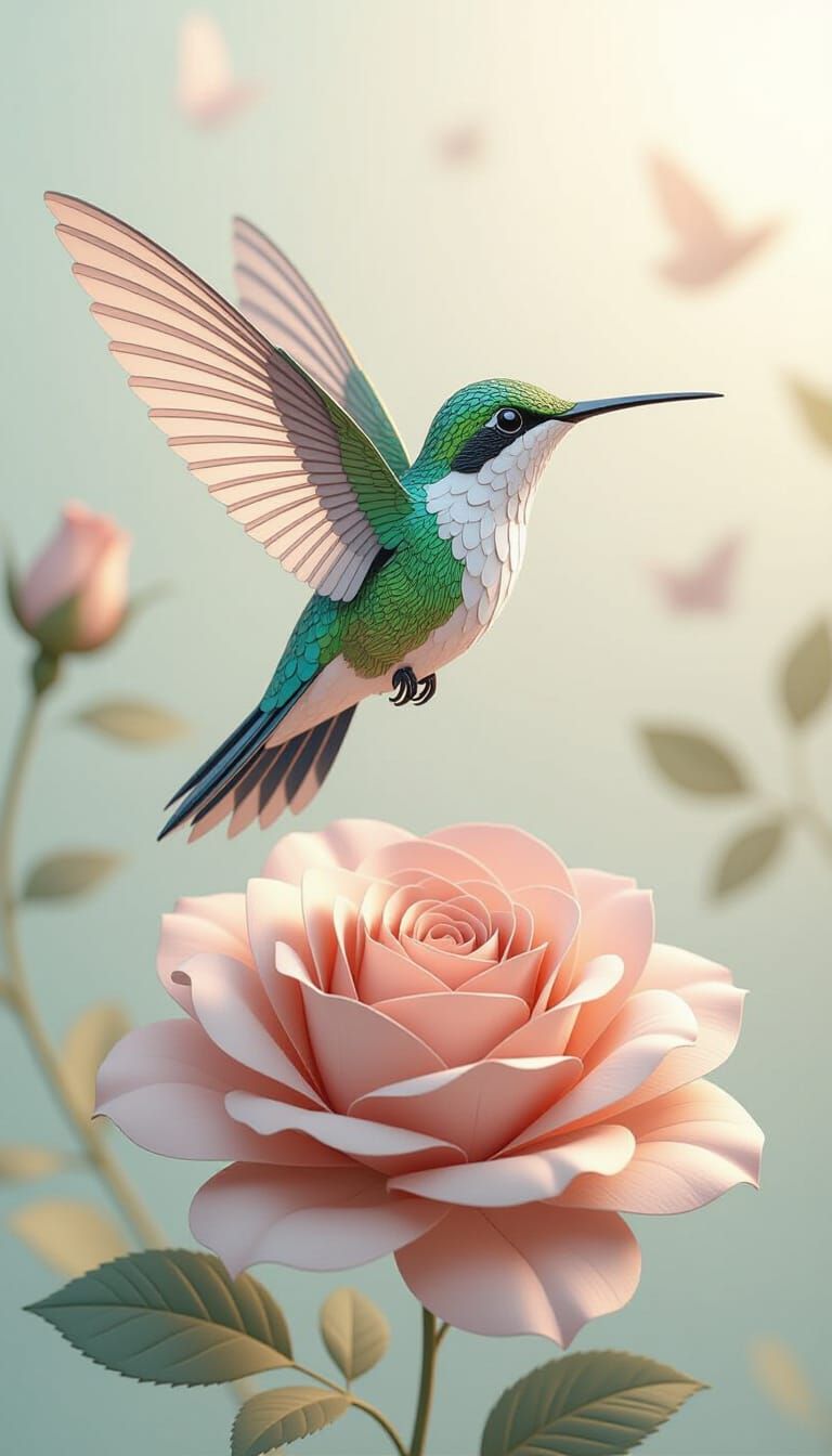 Paper Hummingbird and Rose in Pastel Hues