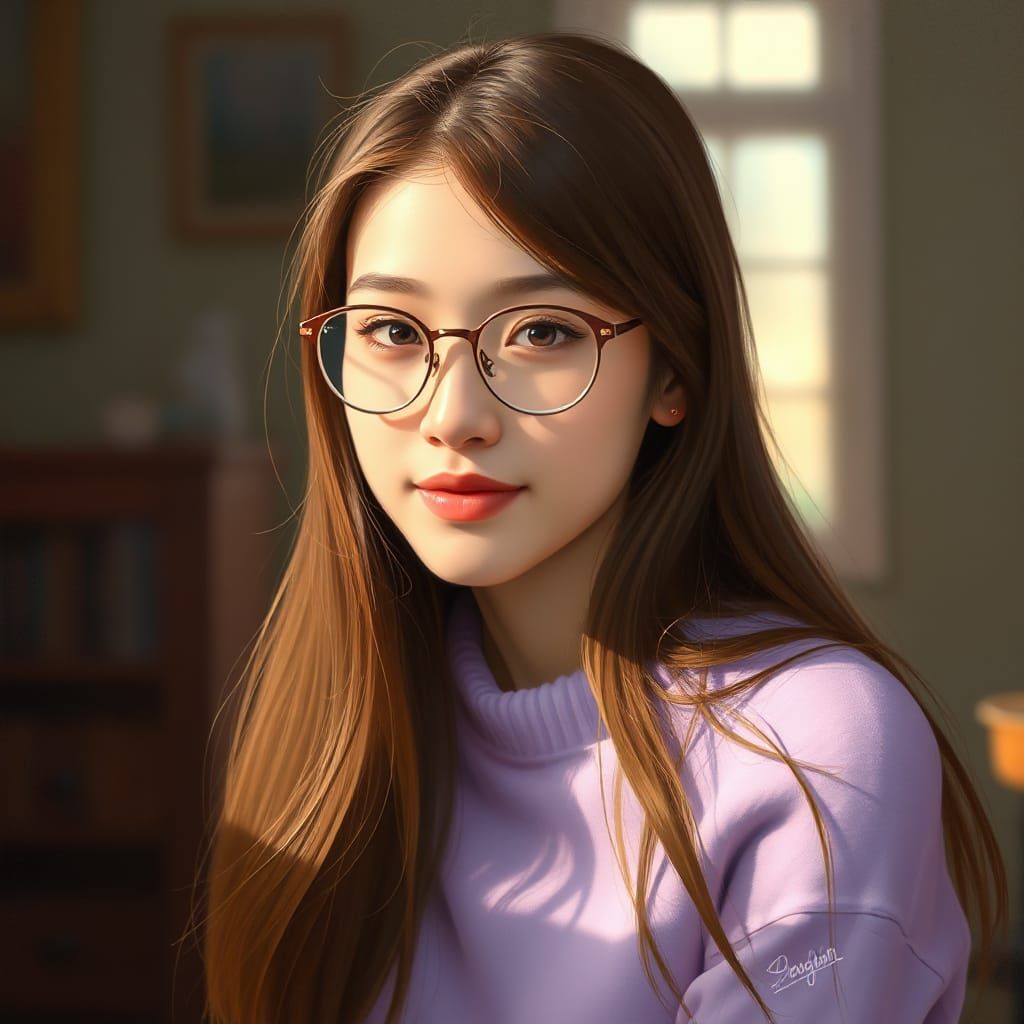 Young Woman in Pastel Purple Sweater, Warm Atmosphere