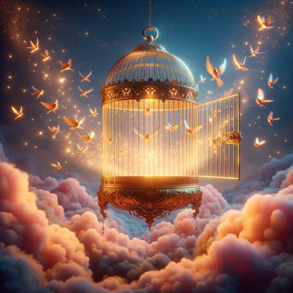 Ornate Golden Birdcage Floats in Dreamy Twilight Sky