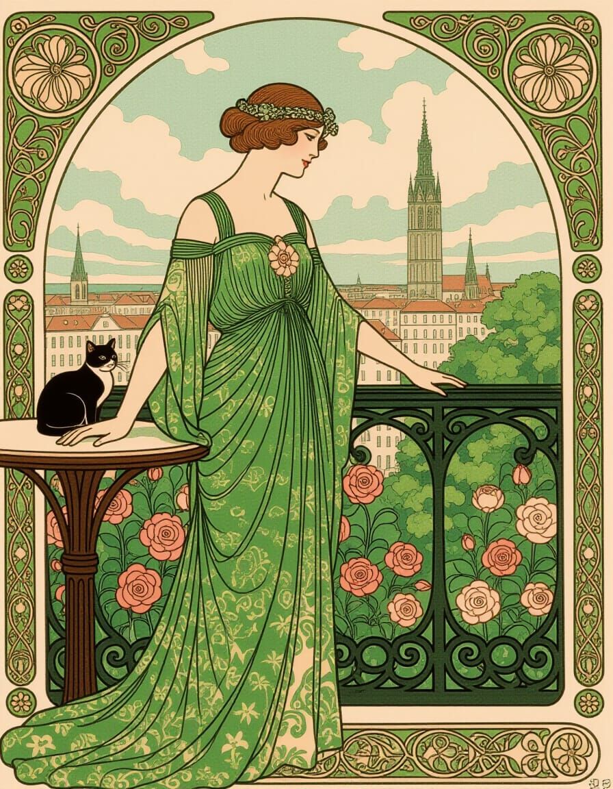 Art Nouveau Woman with Cat in Cityscape