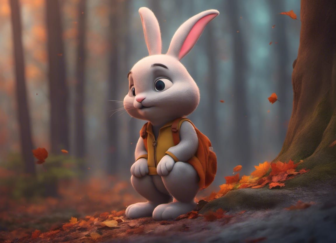 Sad Rabbit Crying in Autumn Forest, Pixar Style