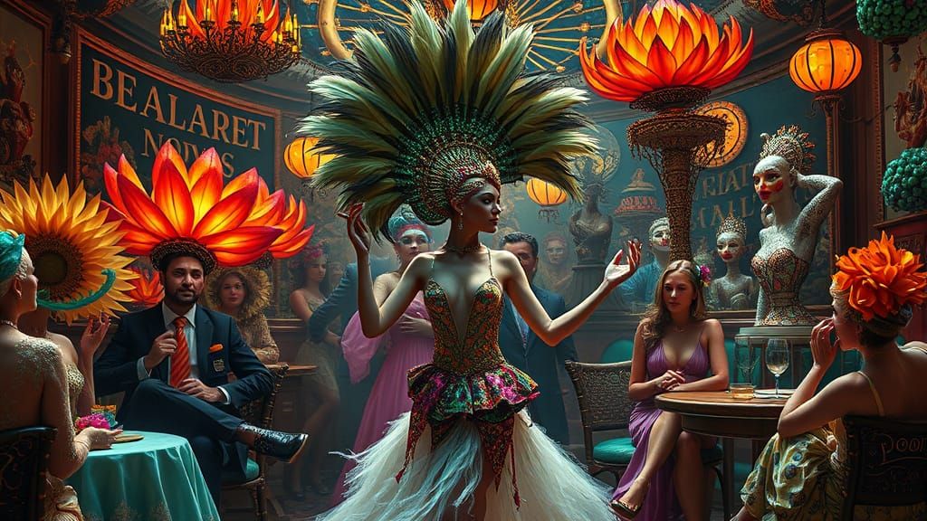 Surreal Cabaret Dancer in a Chaotic Time-Bending Scene