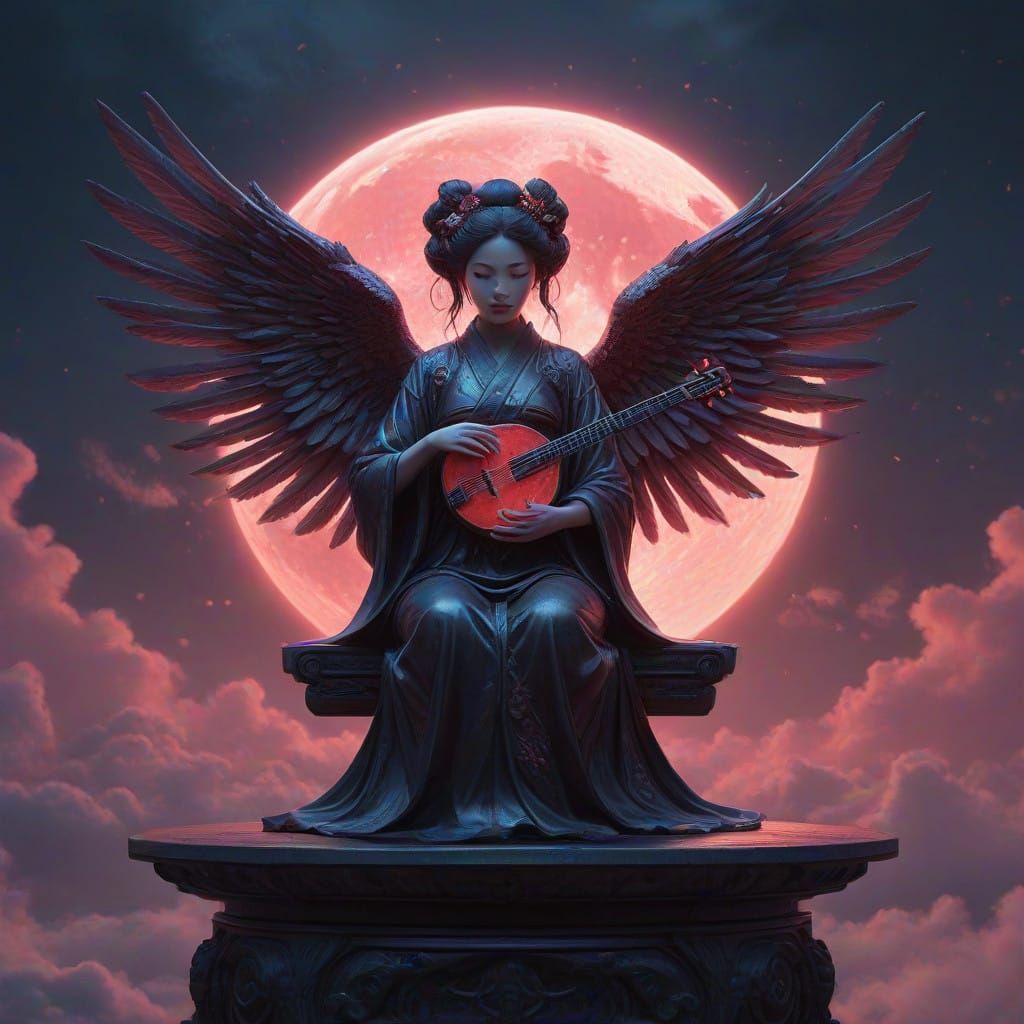 Majestic Geisha Angel Serenades Cosmic Landscape on Shamisen