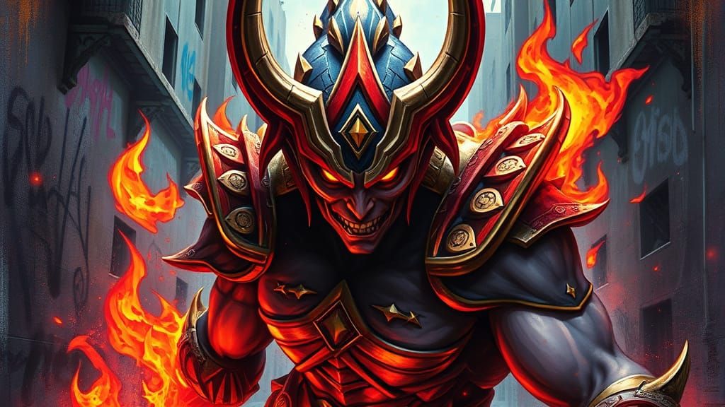 Asura's Wrath Character in a Fiery Urban Landscape