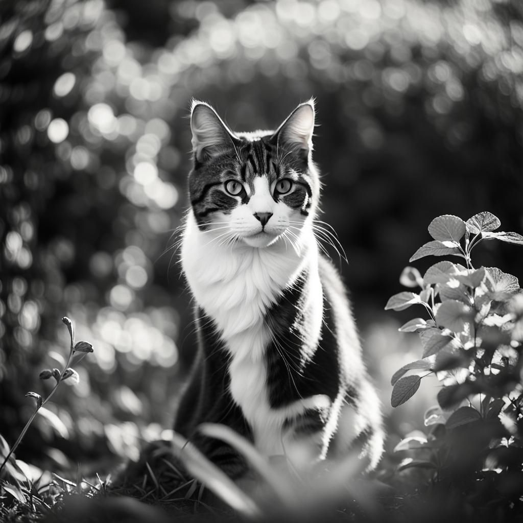 Classic Portrait of a Cat in a Garden in Black and White